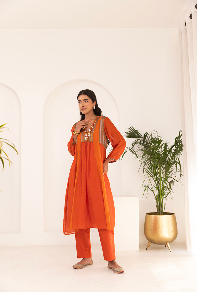 Orange V Neck Mirror Ruhi Kurta Set