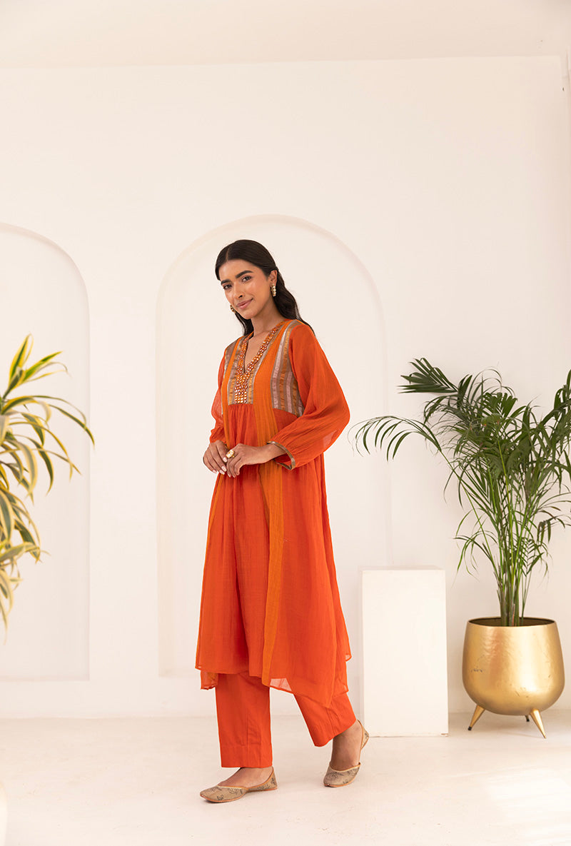 Orange V Neck Mirror Ruhi Kurta Set