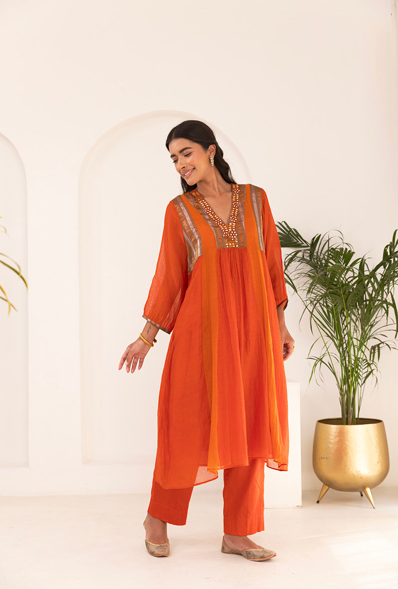 Orange V Neck Mirror Ruhi Kurta Set