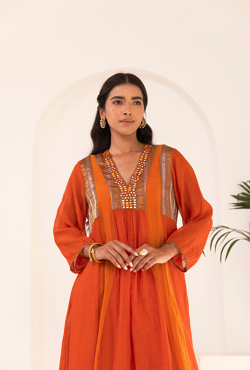 Orange V Neck Mirror Ruhi Kurta Set