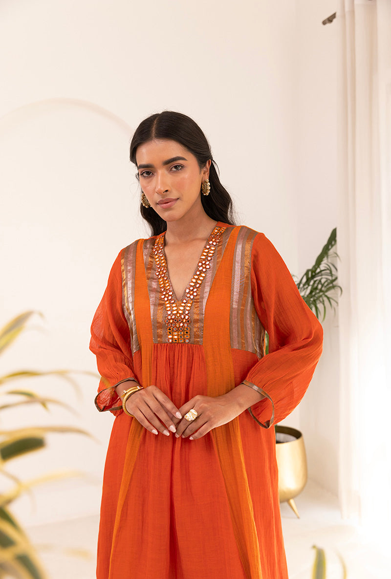 Orange V Neck Mirror Ruhi Kurta Set