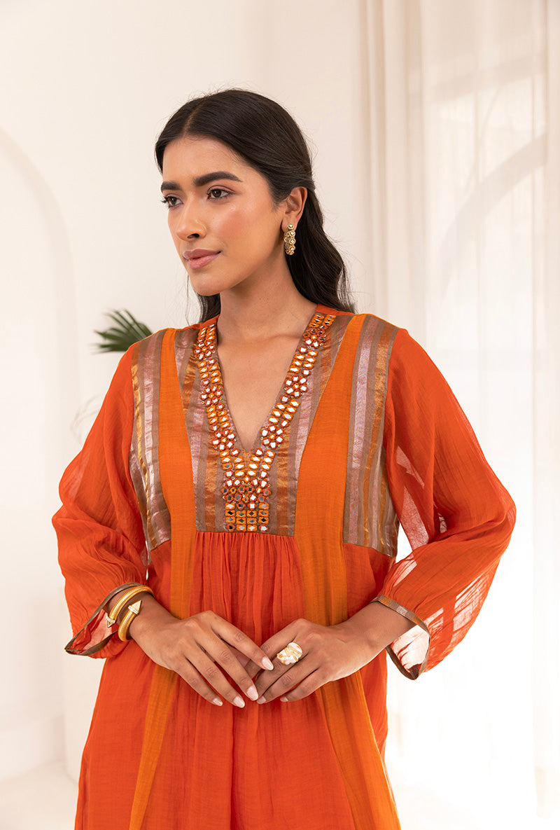 Orange V Neck Mirror Ruhi Kurta Set