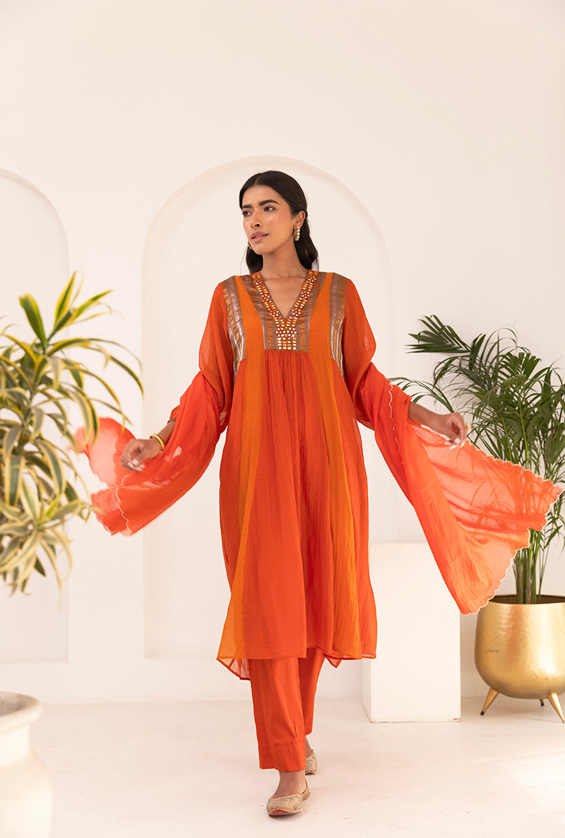 Orange V Neck Mirror Ruhi Kurta Set