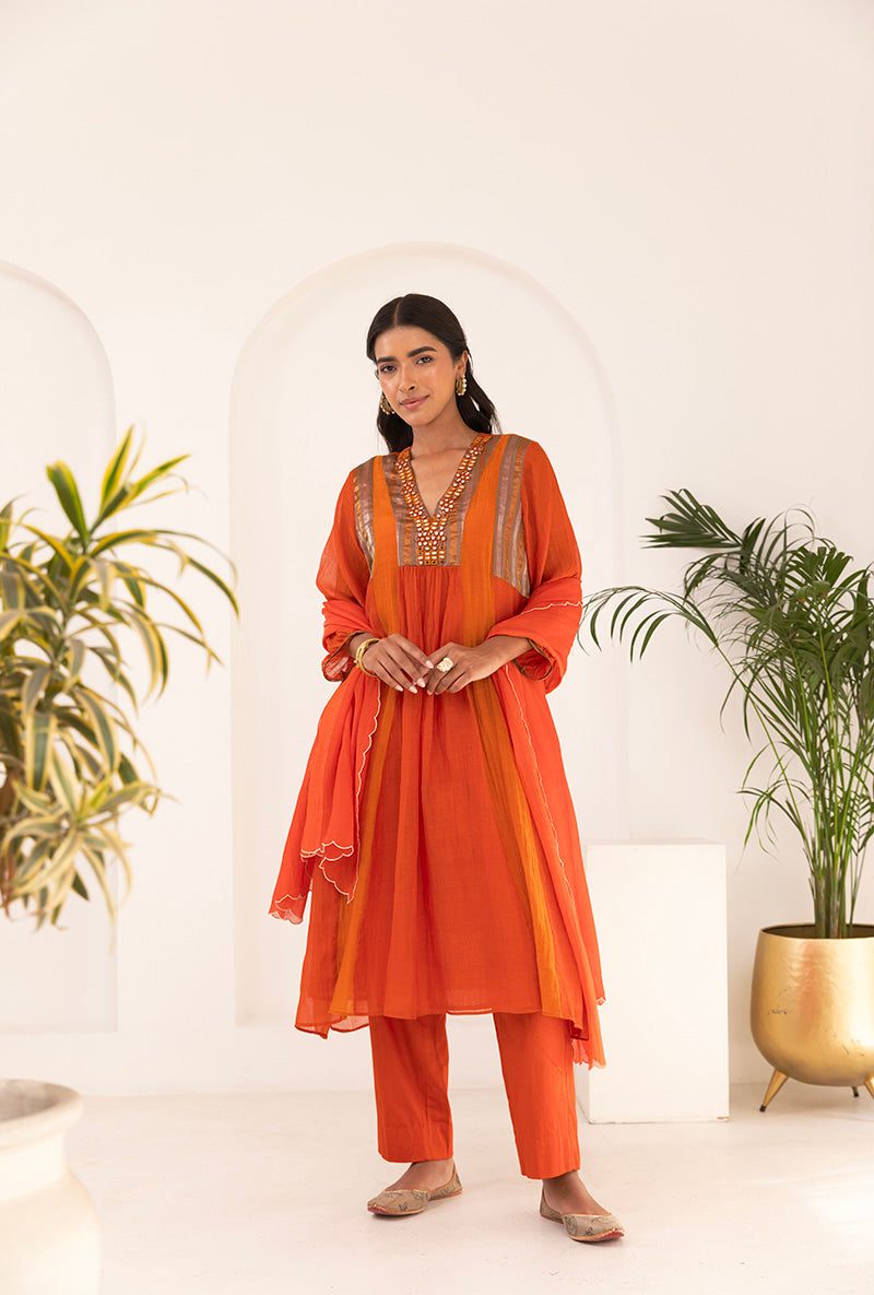 Orange V Neck Mirror Ruhi Kurta Set