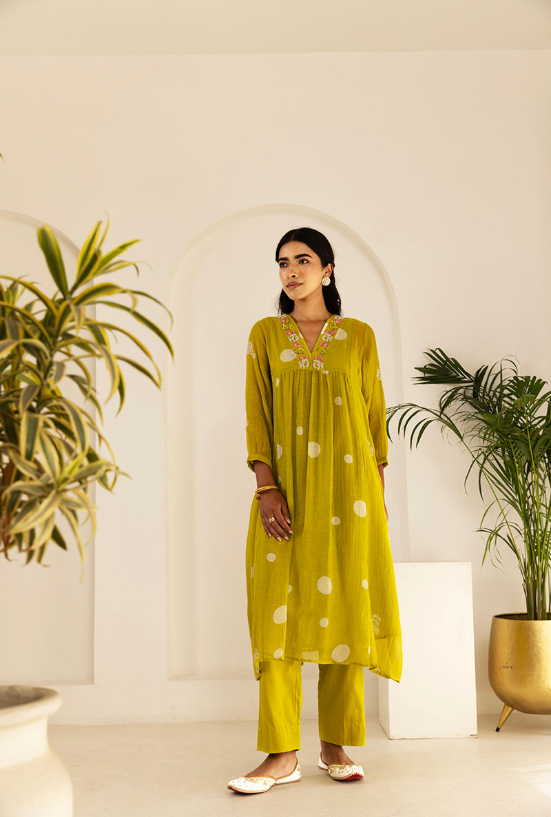 Lime Green Polka Hand Block  Print Ruhi Kurta Set