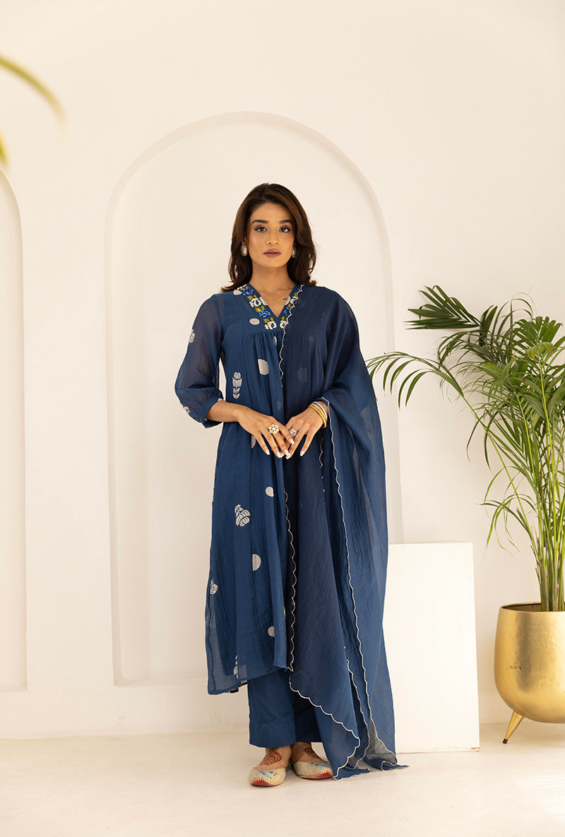 Blue Polka  Hand Block Print Ruhi Kurta Set