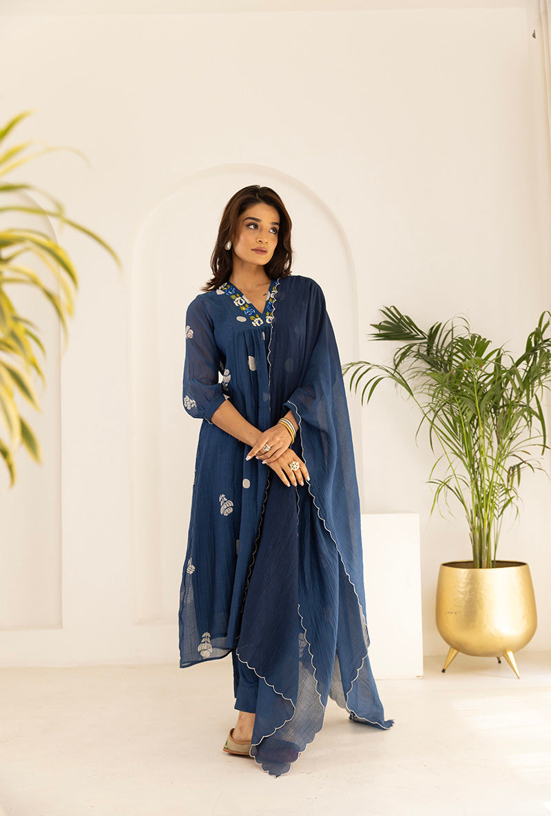 Blue Polka  Hand Block Print Ruhi Kurta Set