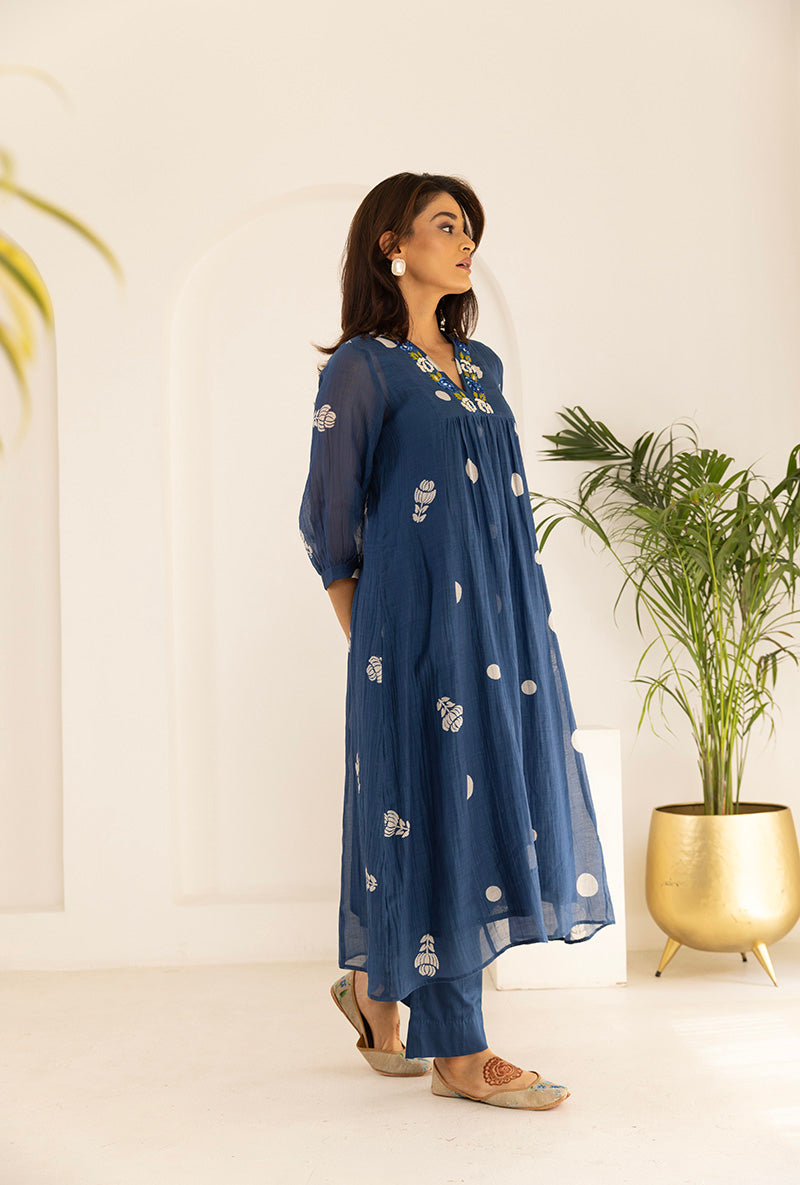Blue Polka  Hand Block Print Ruhi Kurta Set