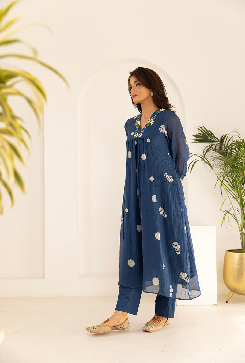 Blue Polka  Hand Block Print Ruhi Kurta Set