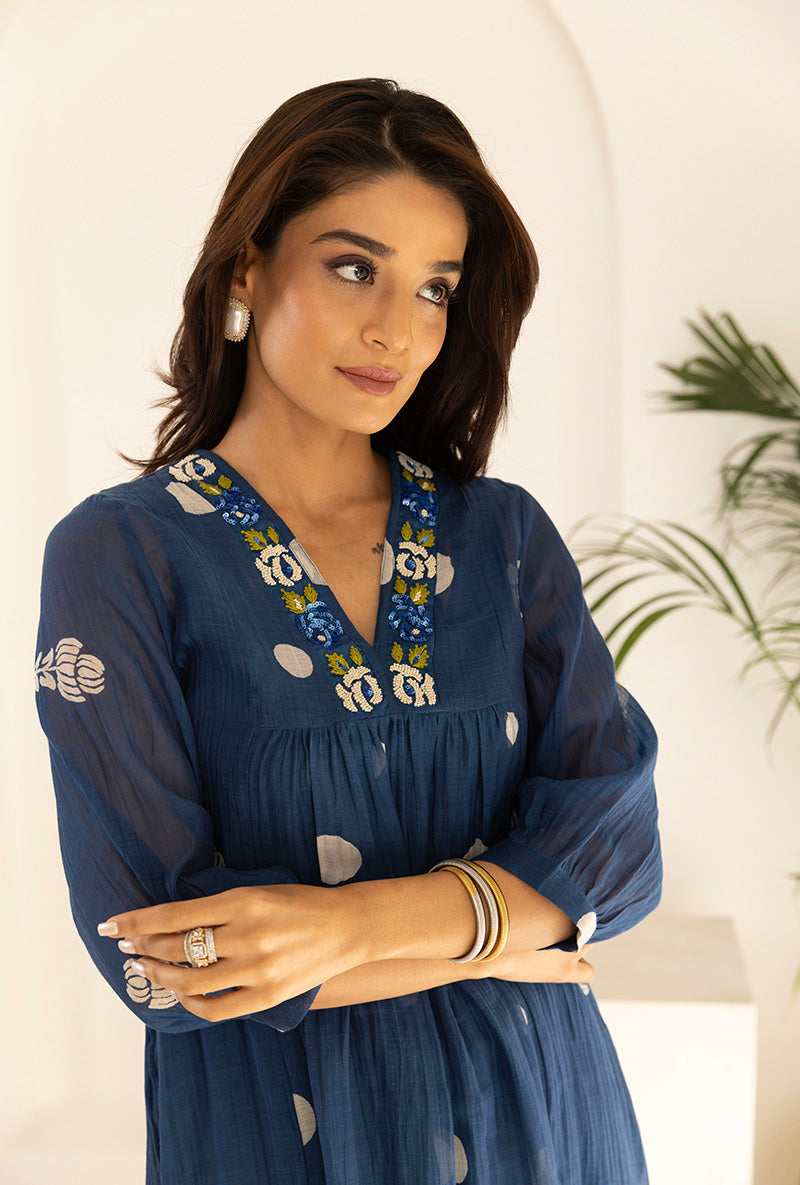 Blue Polka  Hand Block Print Ruhi Kurta Set