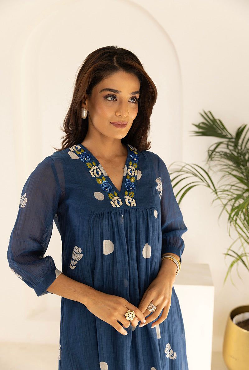 Blue Polka  Hand Block Print Ruhi Kurta Set