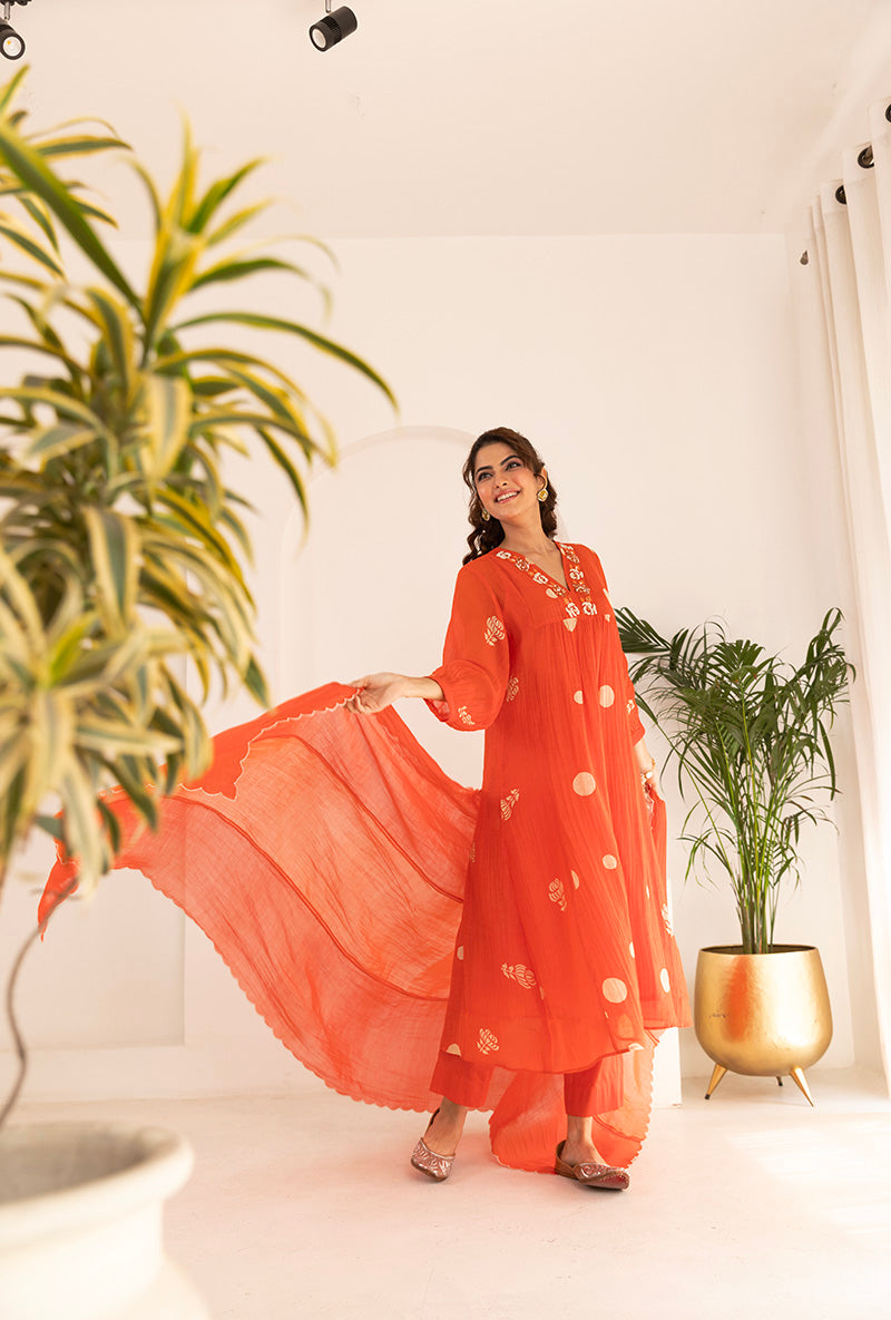 Mehal Kejriwal in Orange Polka  Hand Block Print Ruhi Kurta Set
