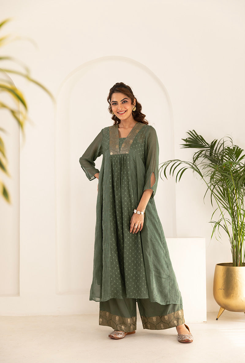 Sage Green Jacquard Panel Ruhi Anarkali Kurta Set Misri By Meghna Nayyar Sage Green Jacquard Panel Ruhi Anarkali Kurta Set Misri By Meghna Nayyar
