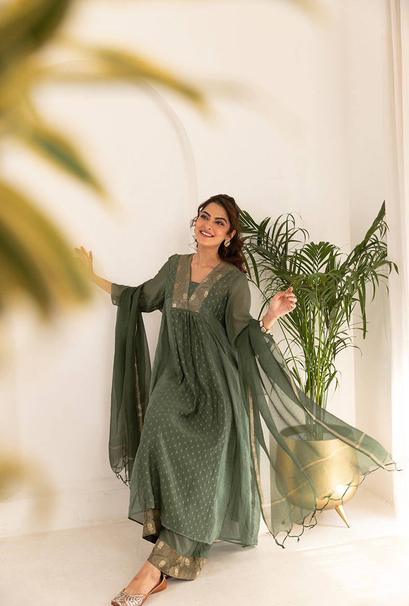 Sage Green Jacquard Panel Ruhi Anarkali Kurta Set Misri By Meghna Nayyar Sage Green Jacquard Panel Ruhi Anarkali Kurta Set Misri By Meghna Nayyar