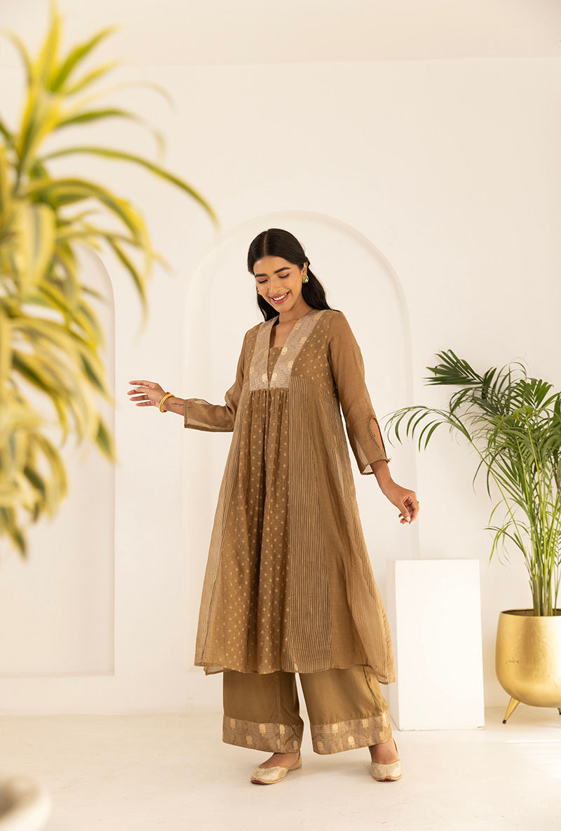Sand Brown Jacquard Panel Ruhi Anarkali Kurta Set