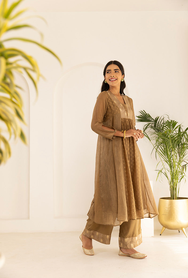 Sand Brown Jacquard Panel Ruhi Anarkali Kurta Set