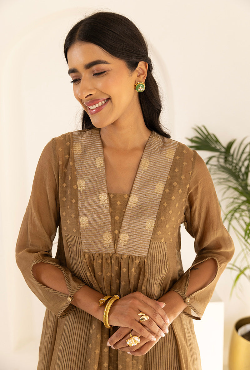 Sand Brown Jacquard Panel Ruhi Anarkali Kurta Set