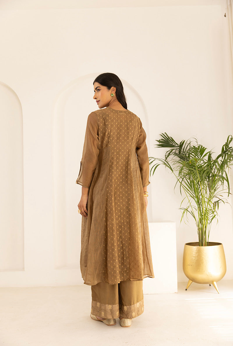Sand Brown Jacquard Panel Ruhi Anarkali Kurta Set