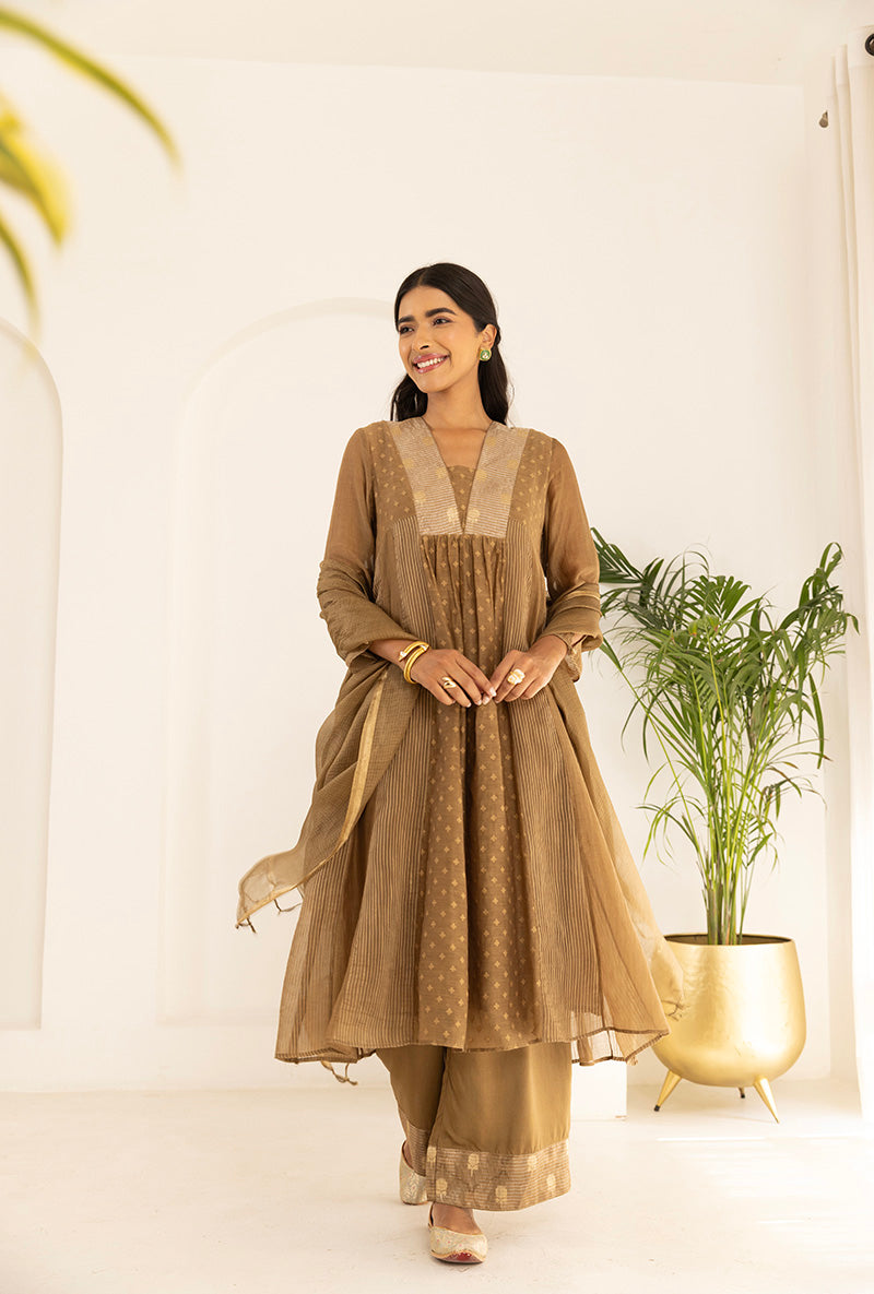 Sand Brown Jacquard Panel Ruhi Anarkali Kurta Set