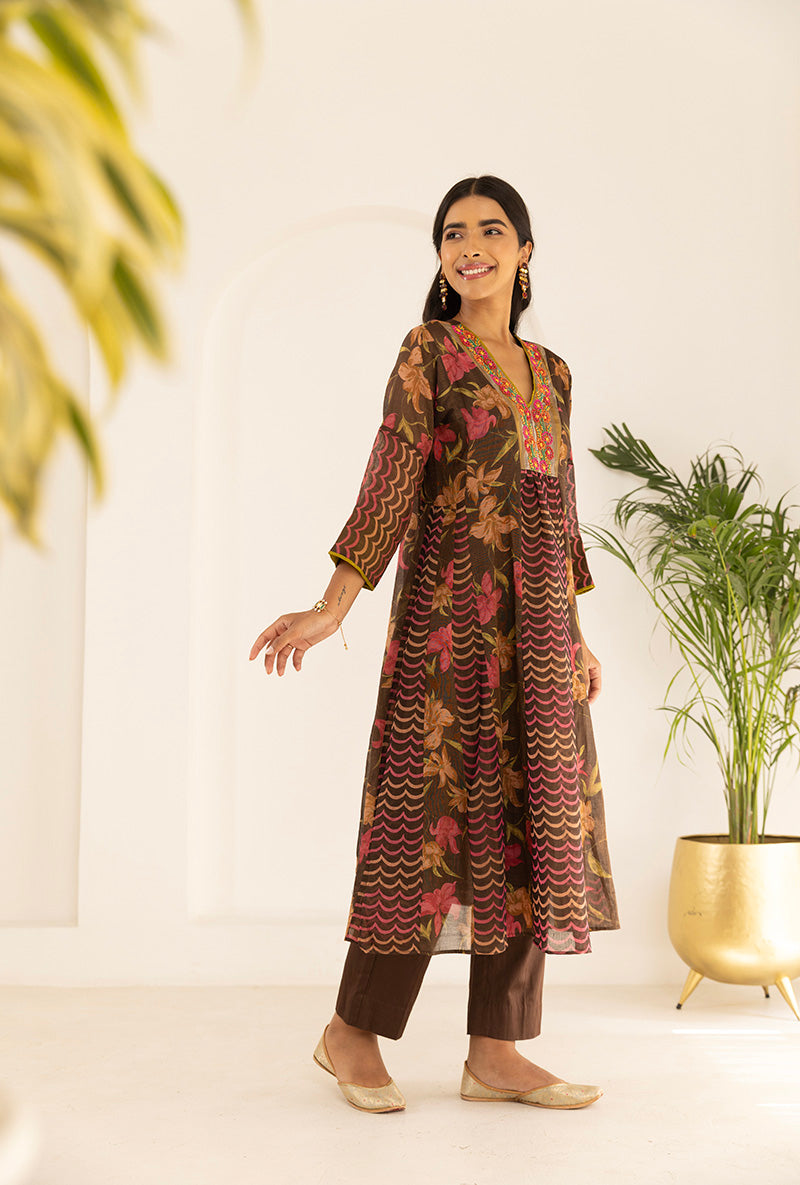 Brown Tissue Print With Beaded Yoke  Ruhi Kurta Set