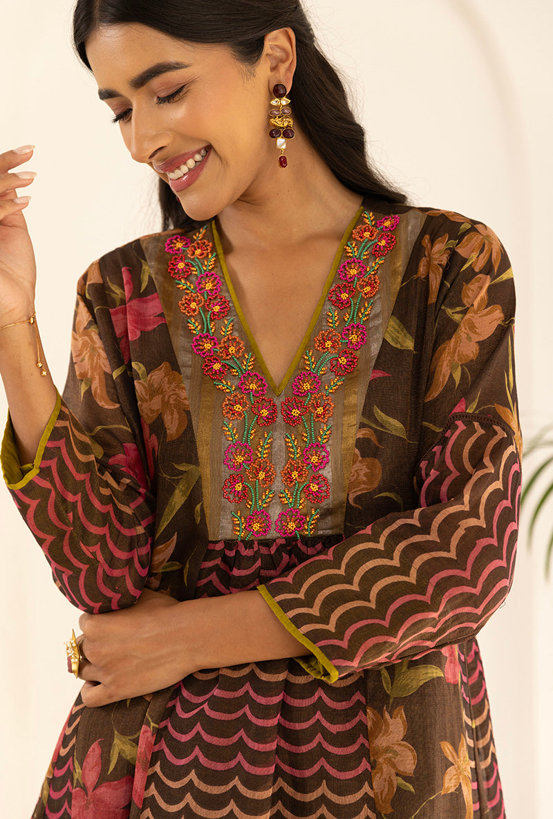 Brown Tissue Print With Beaded Yoke  Ruhi Kurta Set