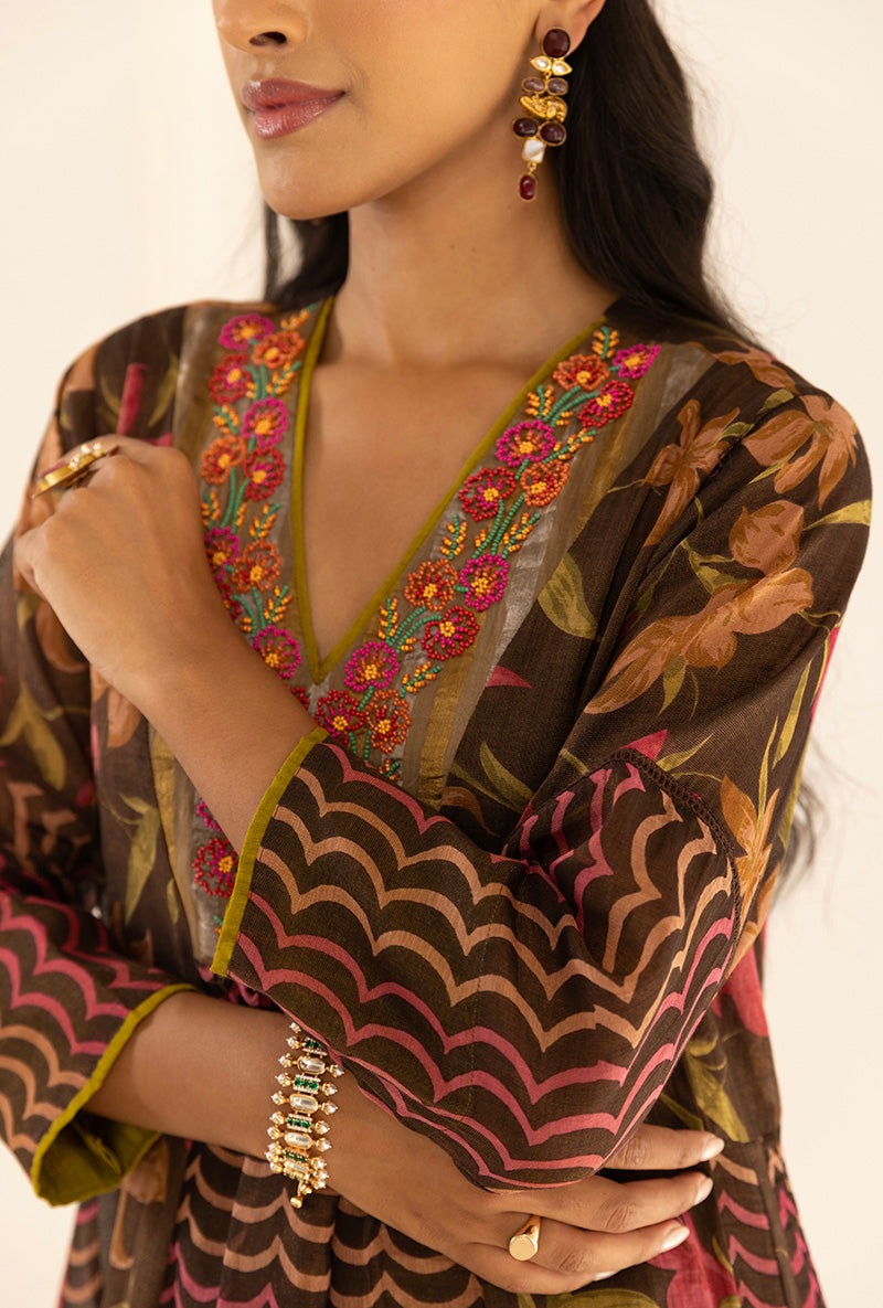 Brown Tissue Print With Beaded Yoke  Ruhi Kurta Set