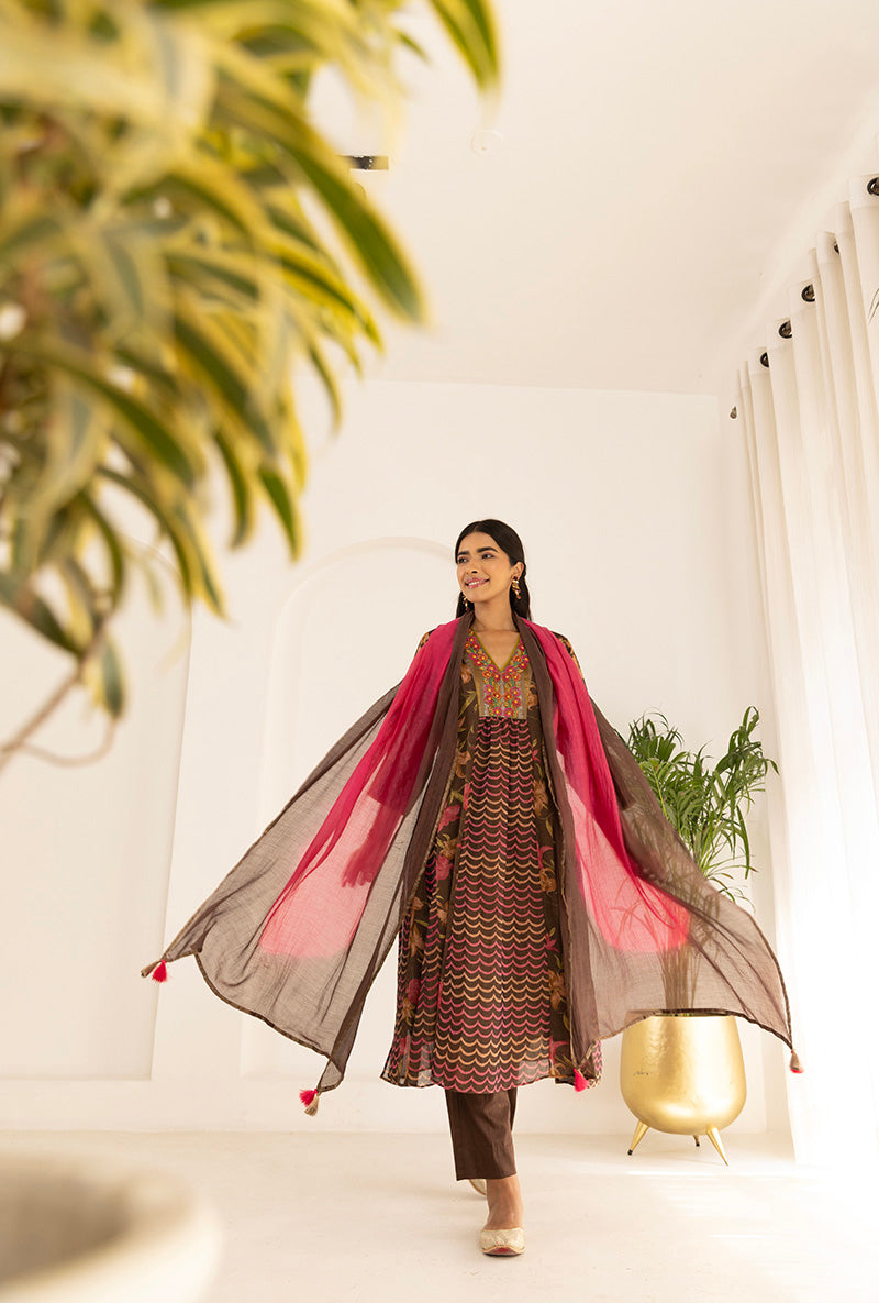 Brown Tissue Print With Beaded Yoke  Ruhi Kurta Set