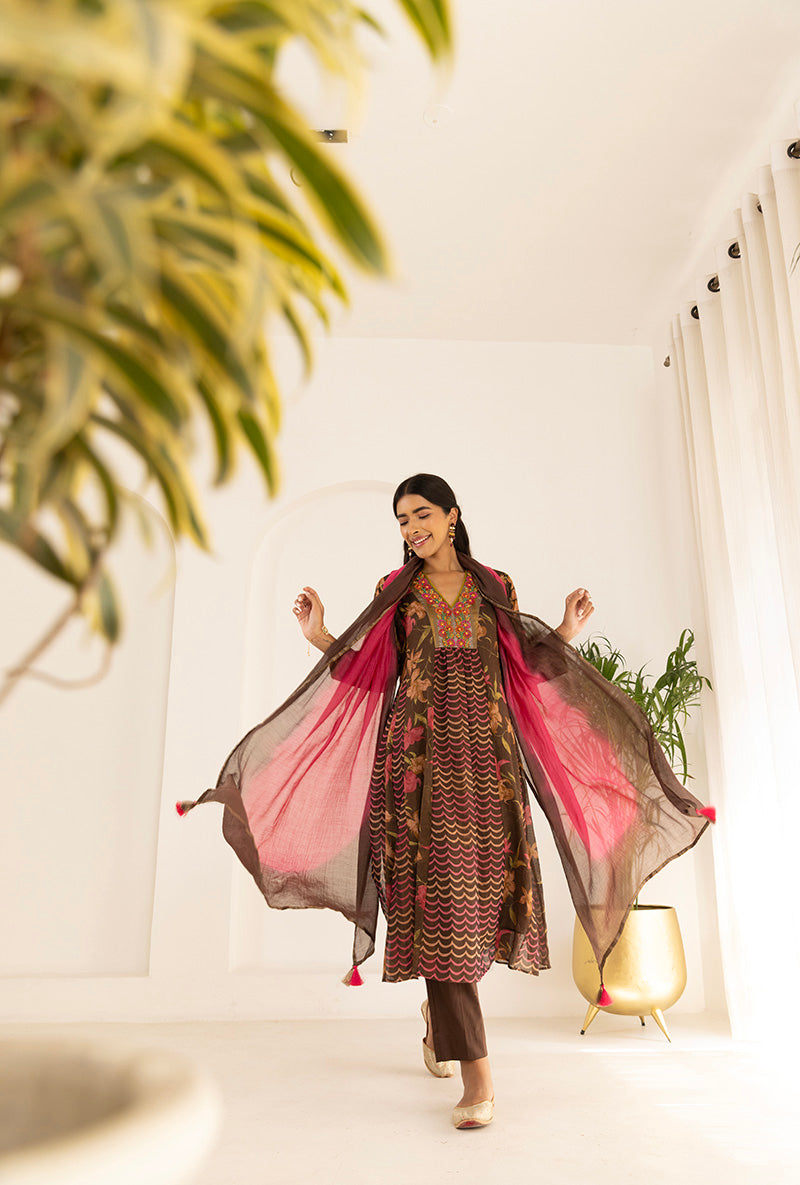 Brown Tissue Print With Beaded Yoke  Ruhi Kurta Set
