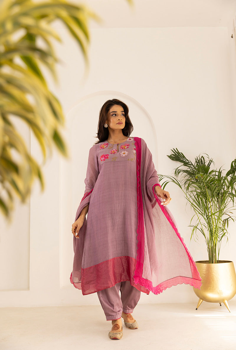 Lavender Sequin Floral Yoke Ruhi Kurta Set