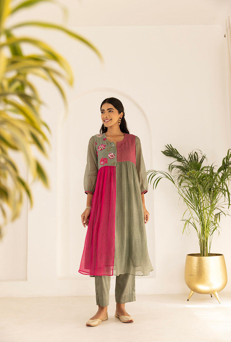 Green And Pink Contrast Sequin Yoke Ruhi Kurta Set