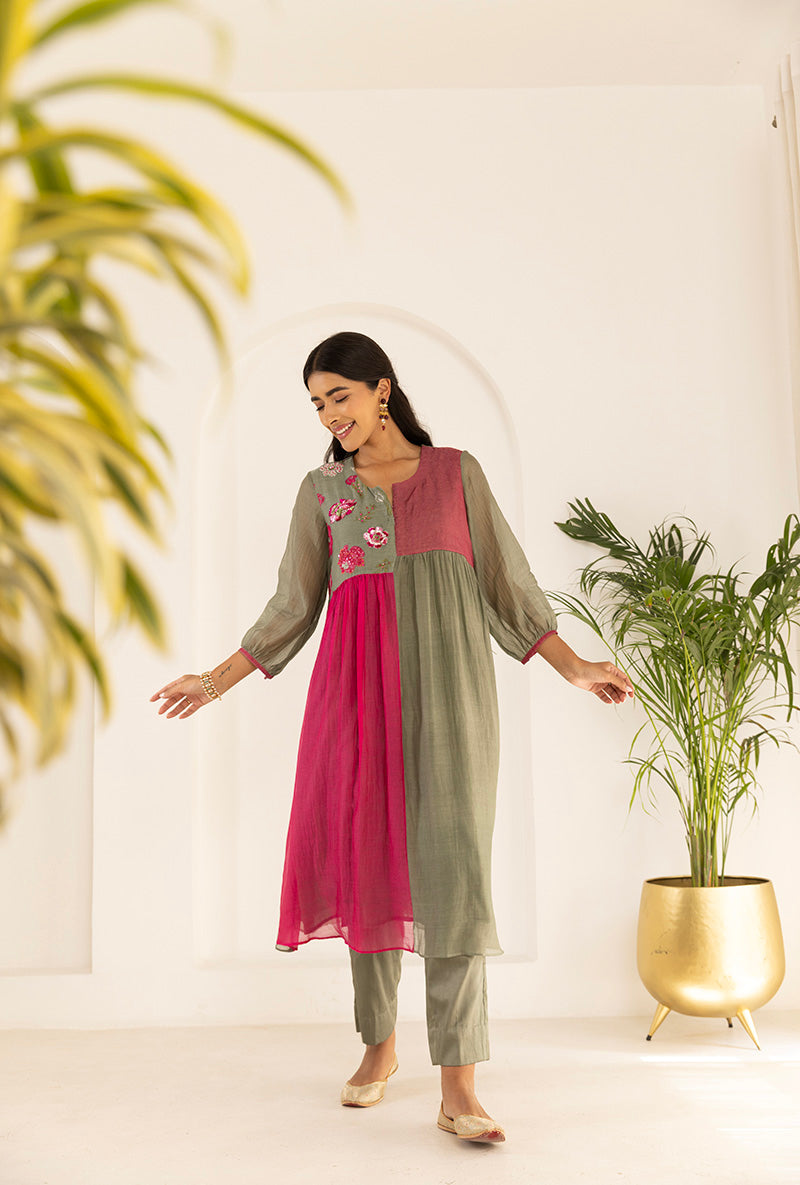 Green And Pink Contrast Sequin Yoke Ruhi Kurta Set