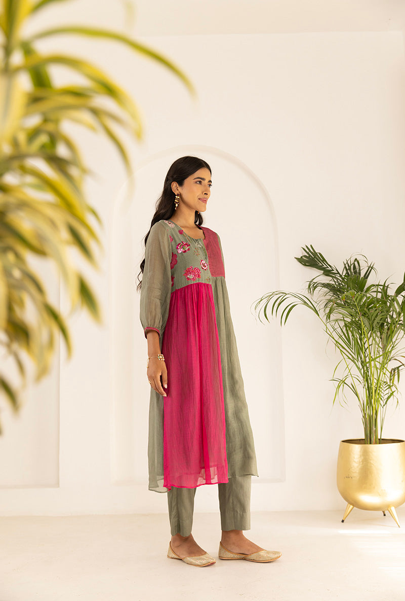Green And Pink Contrast Sequin Yoke Ruhi Kurta Set