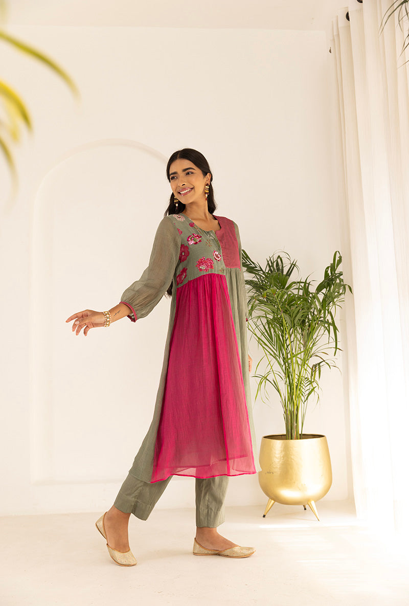 Green And Pink Contrast Sequin Yoke Ruhi Kurta Set