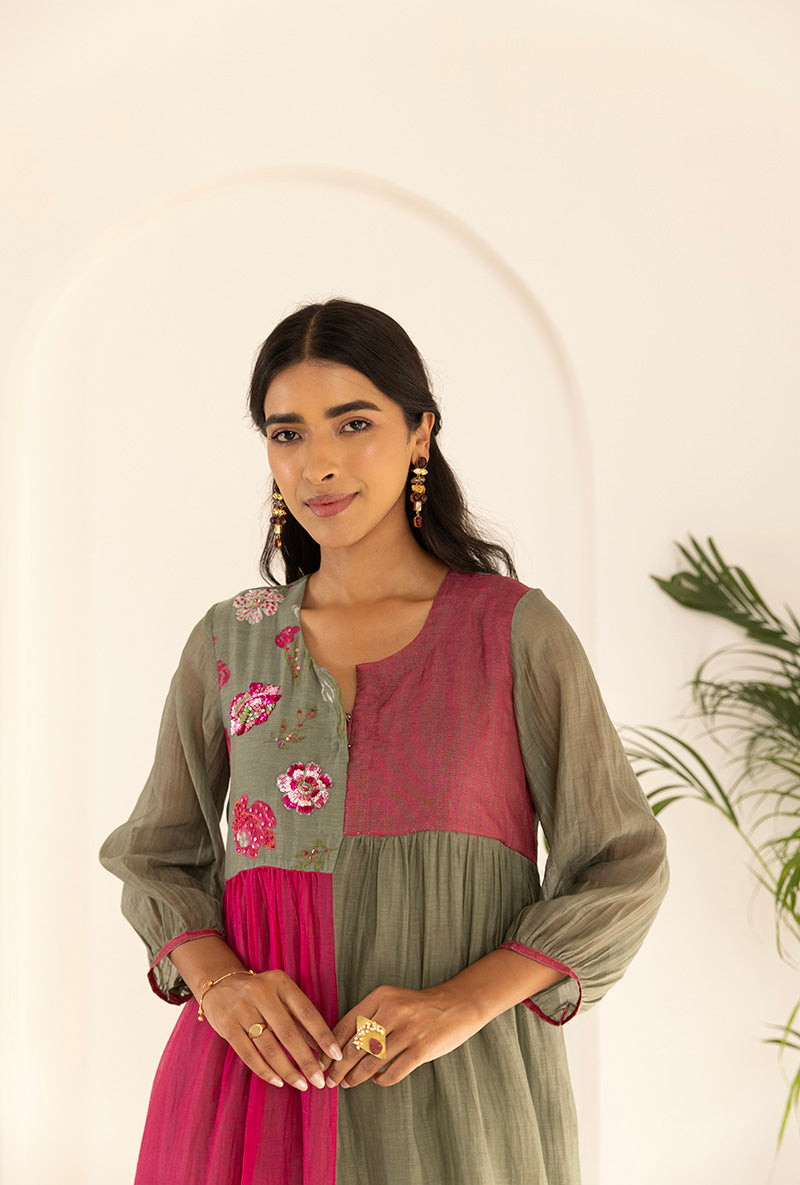 Green And Pink Contrast Sequin Yoke Ruhi Kurta Set