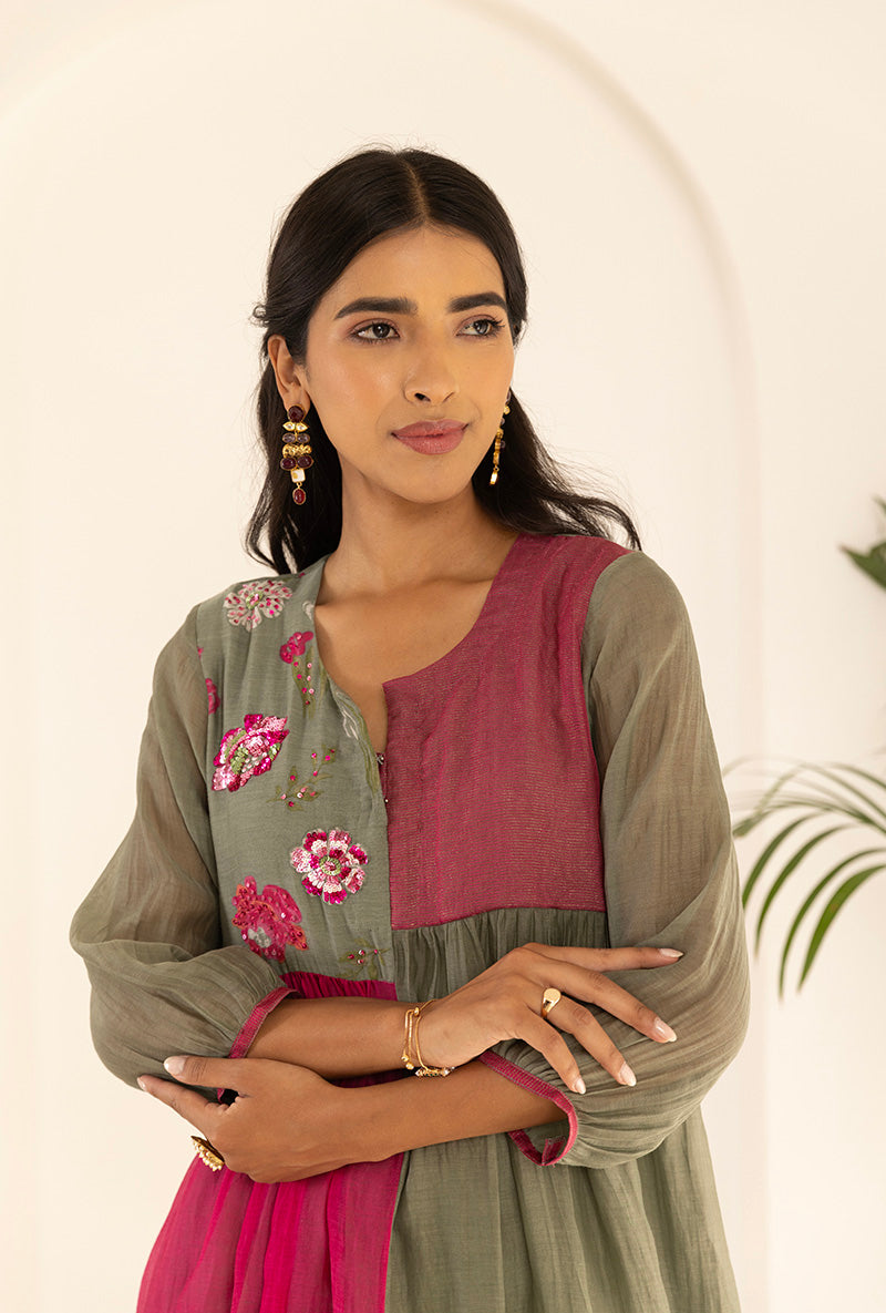 Green And Pink Contrast Sequin Yoke Ruhi Kurta Set