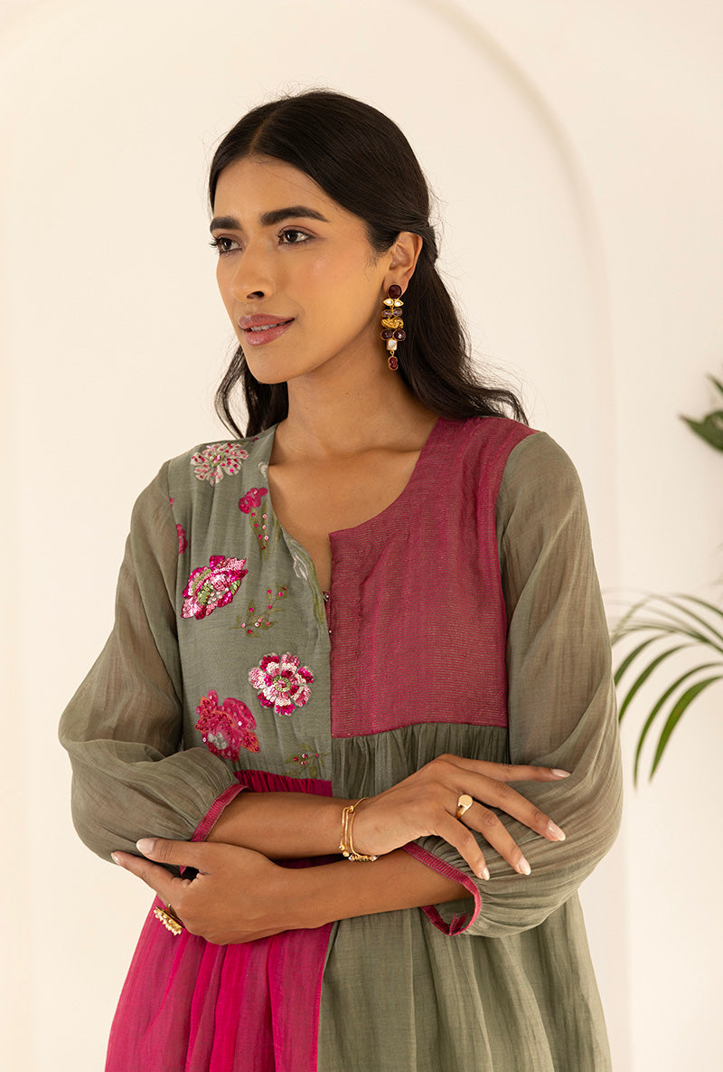 Green And Pink Contrast Sequin Yoke Ruhi Kurta Set