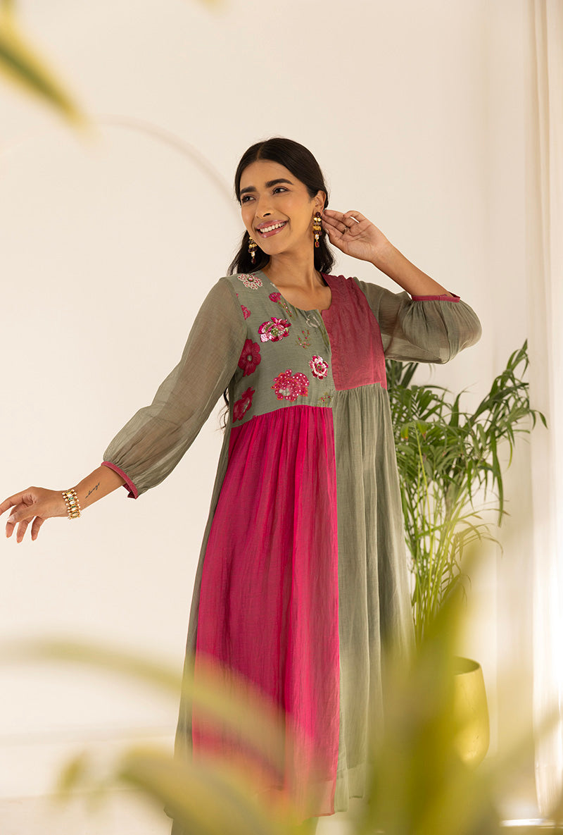 Green And Pink Contrast Sequin Yoke Ruhi Kurta Set