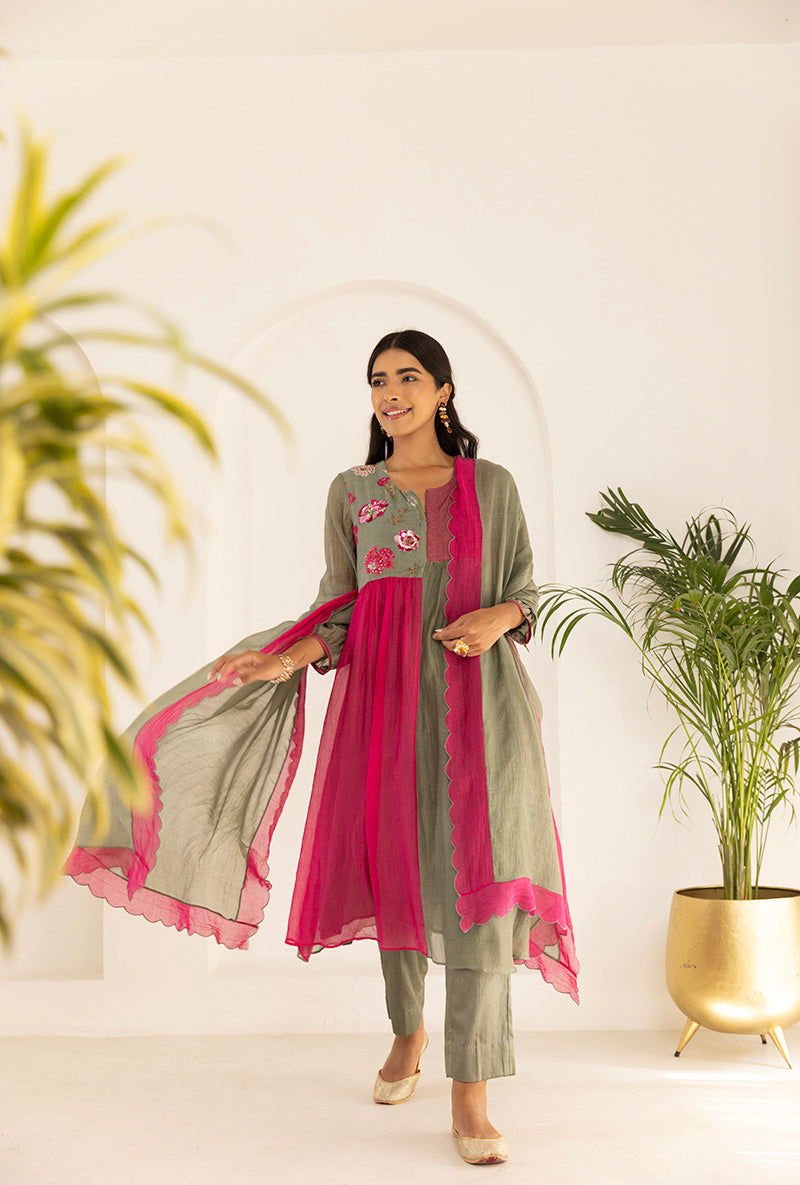 Green And Pink Contrast Sequin Yoke Ruhi Kurta Set
