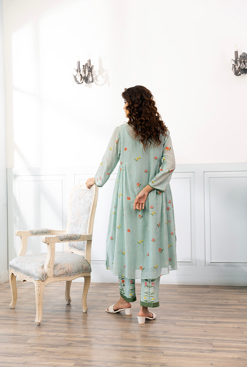 Ice Blue Long Printed Dahlia Kurta Set