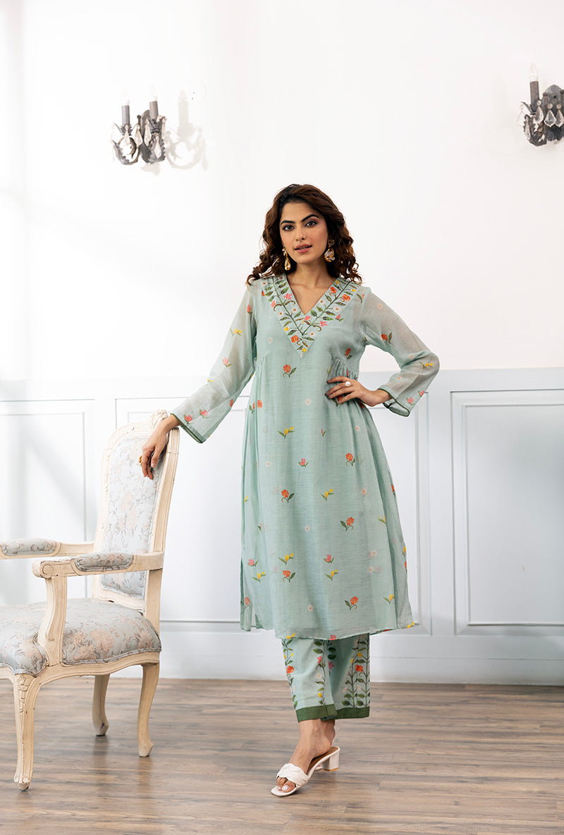 Ice Blue Long Printed Dahlia Kurta Set