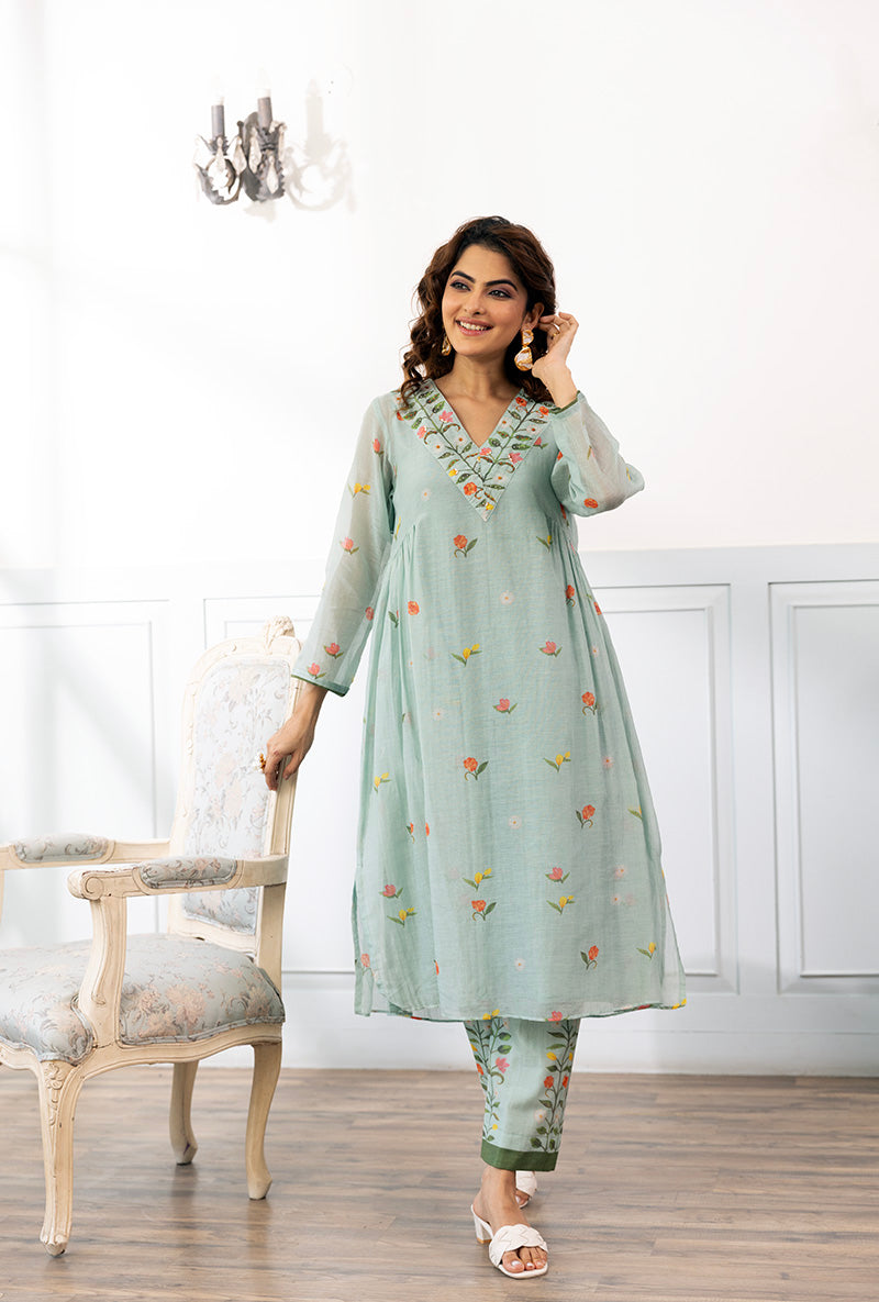 Ice Blue Long Printed Dahlia Kurta Set
