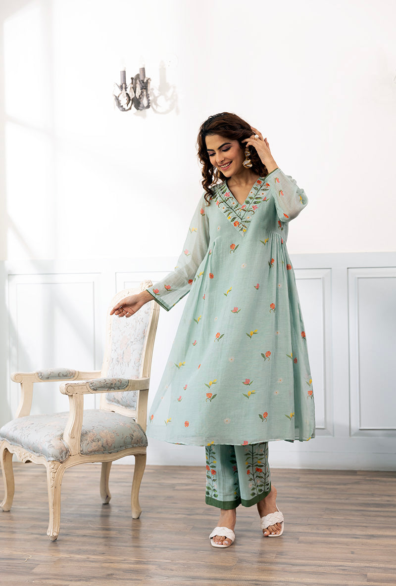Ice Blue Long Printed Dahlia Kurta Set