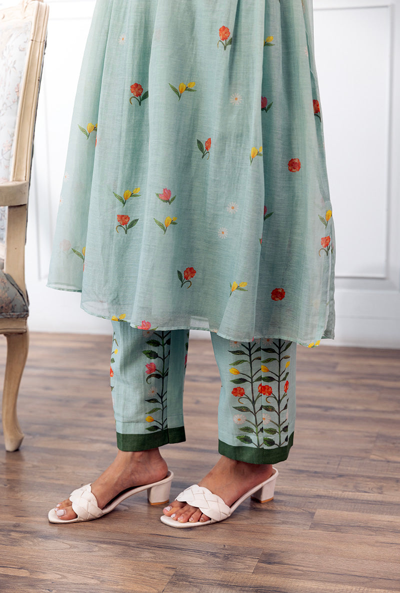 Ice Blue Long Printed Dahlia Kurta Set