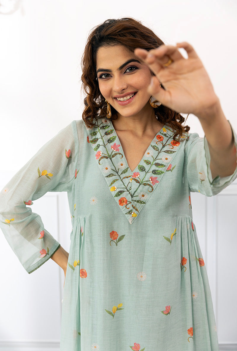 Ice Blue Long Printed Dahlia Kurta Set