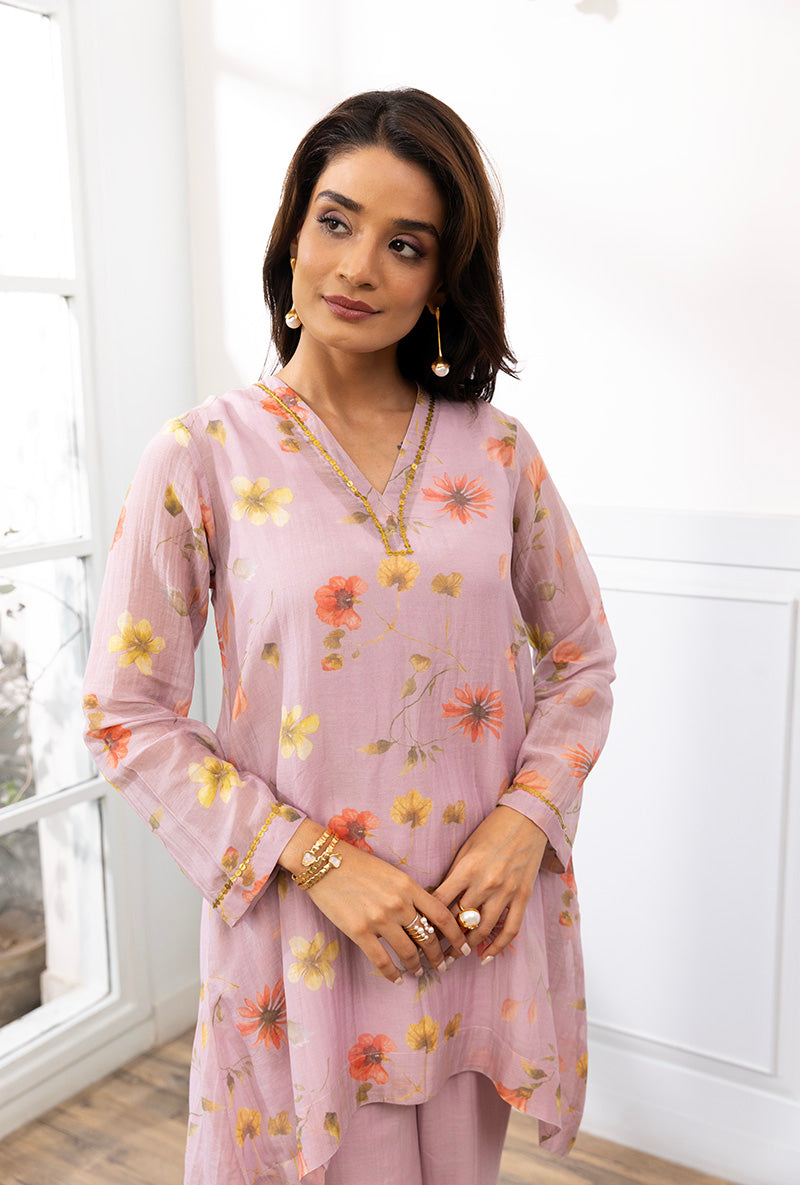 Levender V Neck Printed Dahlia Co-ord Set