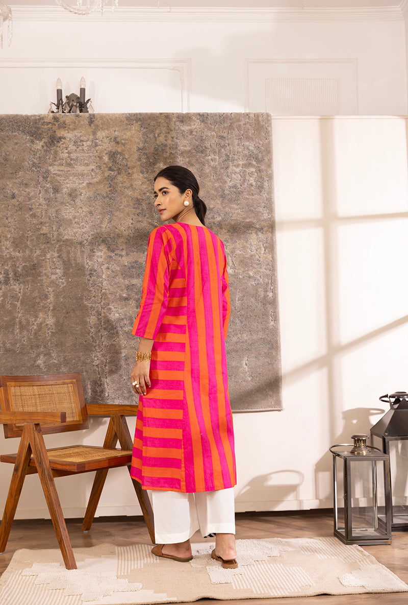 Pink And Orange Stripe Hazel Kurta Set