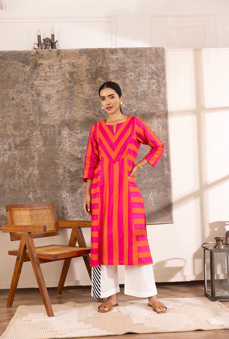Pink And Orange Stripe Hazel Kurta Set