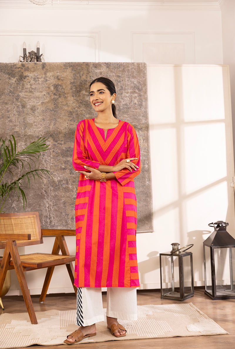 Pink And Orange Stripe Hazel Kurta Set