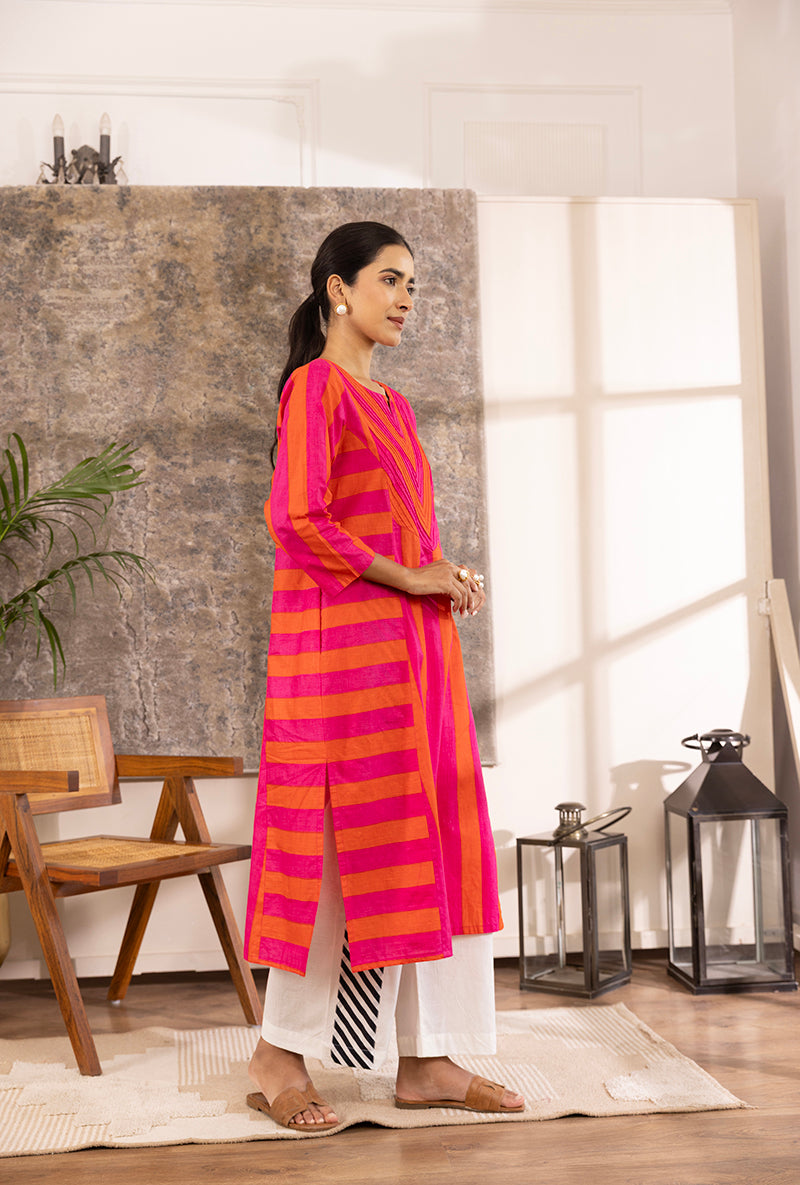 Pink And Orange Stripe Hazel Kurta Set