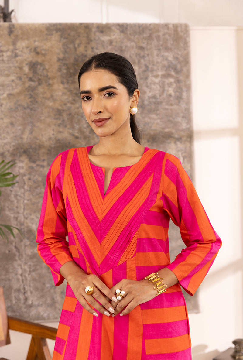 Pink And Orange Stripe Hazel Kurta Set